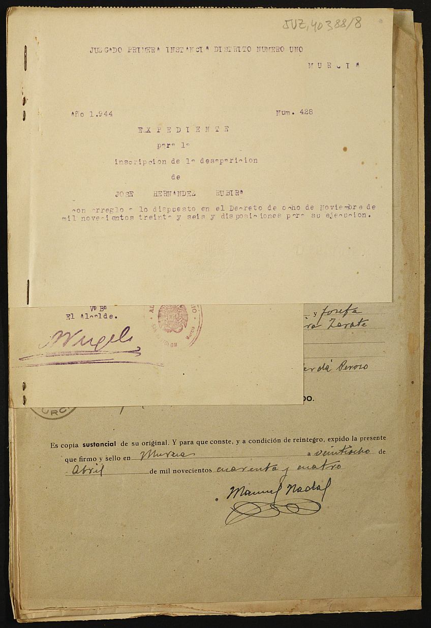 Expediente 428/1944 del Juzgado de Primera Instancia de Murcia para la inscripción en el Registro Civil por la desaparición en el frente de José Hernández Rubira.